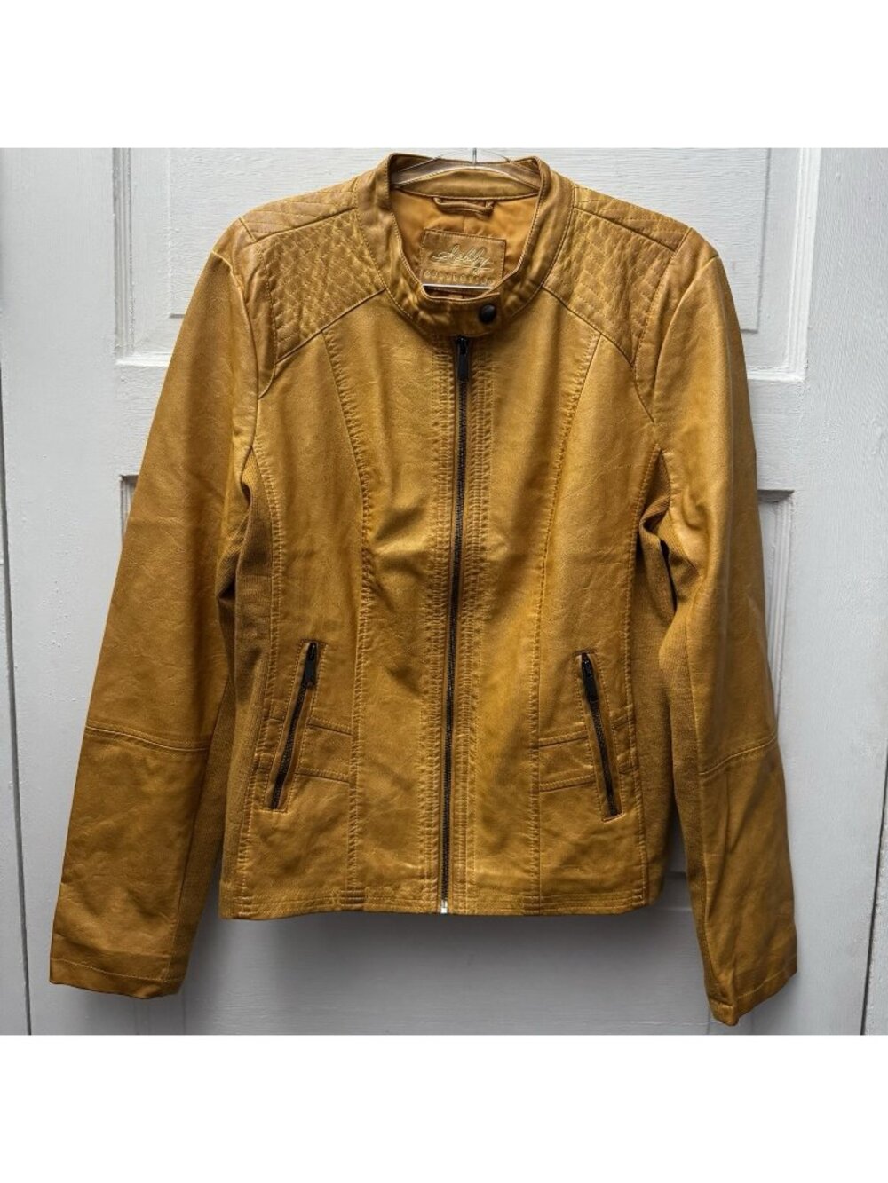 Sebby Collection Faux Leather Moto Jacket Camel Tan Zip Front Large